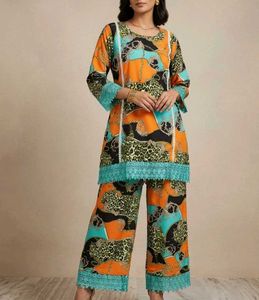 Vibrant Print Kurta with Lace Trim
