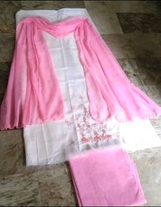 3 piece cotton embroidery pink&amp;white suit(unstitcd
