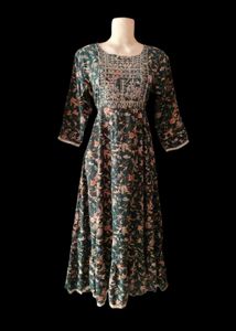 Elegant Floral Printed Anarkali Maxi Dress with Em