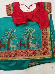 partywear Beautiful Teal Saree with Deer Motif