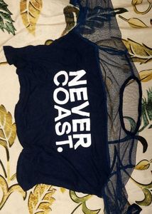 Navy Blue “NEVER COAST.” Mesh Sleeve Top