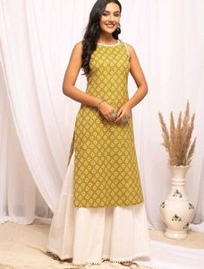 Stylish Olive Green Printed Sleeveless Kurta