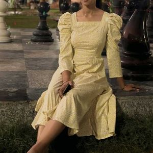 Yellow Floral Puff Sleeve Square Neck Dress