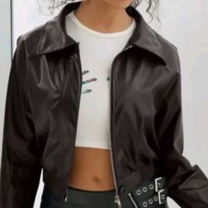 Brown Faux Leather Cropped Jacket