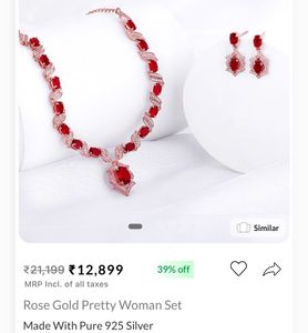 GIVA 925 Silver Rose Gold Ruby Necklace Earing Set