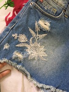 Denim  Shorts with Floral Lace Detail