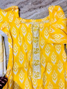 Bright Yellow Printed Kurta Set with Dupatta