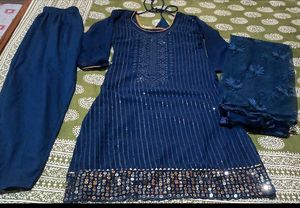 Navy Blue Kurta Set with net dupatta