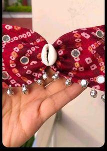 Red Bandhani Hair Bow with Mirror and Bells