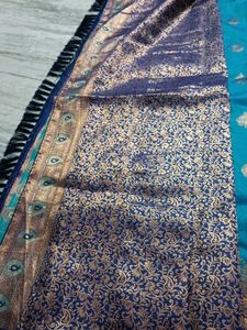 Beautiful Teal Silk Saree with Gold Weave and comp