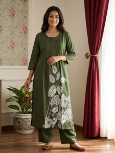 Elegant Olive Green Kurta Set with Floral Print