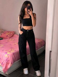 Midnight Black Wide-Leg Cargo Jeans