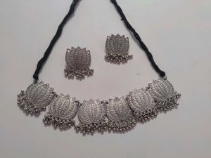 Oxidized Silver Lotus Necklace &amp; Earrings Set