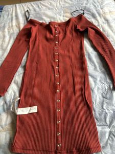 Ribbed Off-Shoulder Button-Up Midi Dress