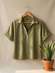 Olive Green Collared Relaxed Fit Top