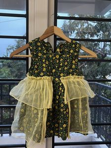 girls Floral Gown with Yellow Ruffle Trim