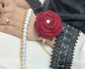 Handmade Crochet Rose Bracelet with Pearl Detail