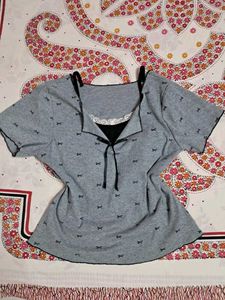 Cute Grey Top with Bow Print