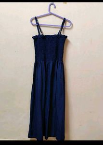 Stylish Smocked Navy Blue Maxi Dress