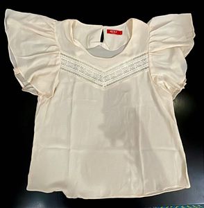 Elegant Cream Lace Trim Flutter Sleeve Top