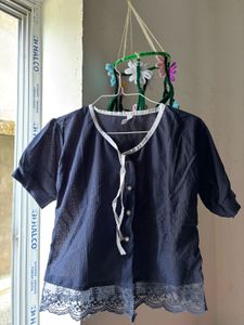 Navy Blue Lace Trim Blouse