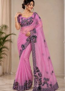 Stunning Pink Embroidered  Saree
