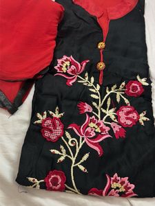 Elegant Black Kurta Set with Red Dupatta
