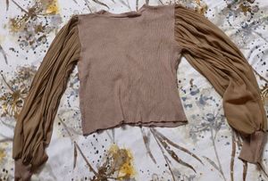 Beige Ribbed Puff Sleeve Top