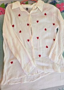 Cute White Heart Embroidery Button-Up Shirt