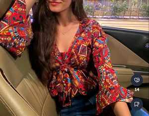 Red Ethnic Motifs Bustier Top