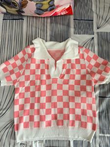 Pink & White Checkerboard Collared Top