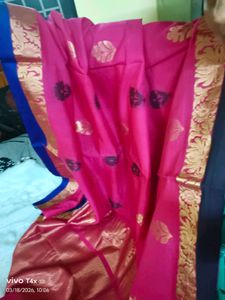 Beautiful Rani pink Saree with Blue Blouse