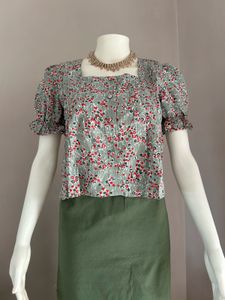 Vintage Floral Square Neck Puff Sleeve Blouse