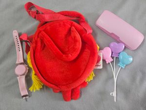 bag, specks case, rattle, watch