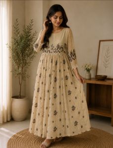 Elegant Cream Floral Print Gown