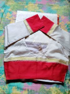 White and Red Benarasi Art Silk Saree with blouse.