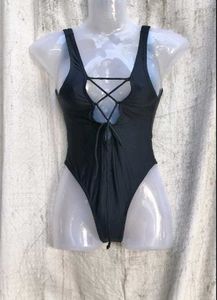 New Women's Black Lace-Up One-Piece Swimsuit