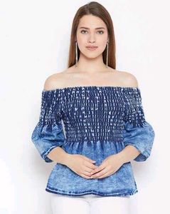 Trendy Smocked Denim Look Top
