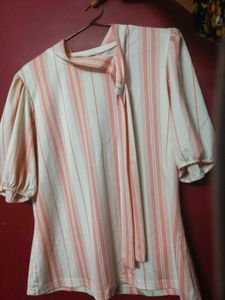 Striped Puff Sleeve Top with Tie Neck