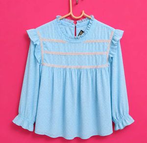 Sky Blue Swiss Dot Ruffle Neck Top