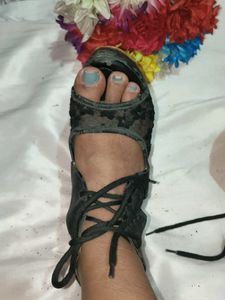 Black Lace-Up Wedge Heels