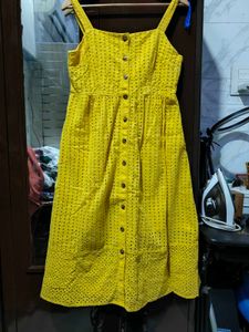 Yellow Broderie Button-Up Midi Dress