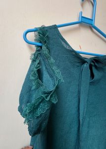 Teal Ruffle Cold Shoulder Cut Top