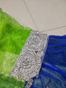 Blue N Green Combination Saree With Silver Bolouse