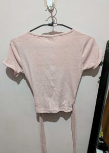 Pink Ribbed Wrap Crop Top