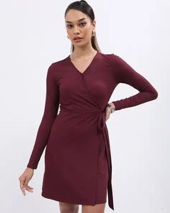 Maroon Ribbed Wrap Dress