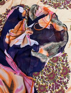 Navy Floral Print Gown with Embellished Belt