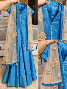Blue Satin Ethnic Gown with Embellished Dupatta