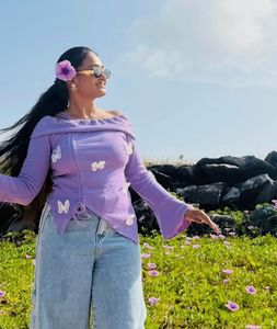 Lavender Butterfly Off-Shoulder Top
