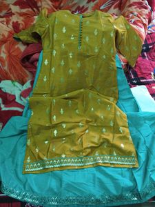 Elegant Mustard &amp; Teal Anarkali Set